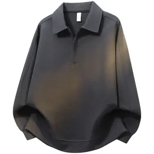 Men's Autumn And Winter Zippered Solid Color Fashion Polo Collar Sweatshirt Deep Gray Casual Long Sleeve Top Trendy Simple Pullover Comfortable And Skin-friendly For Daily Wear Sports