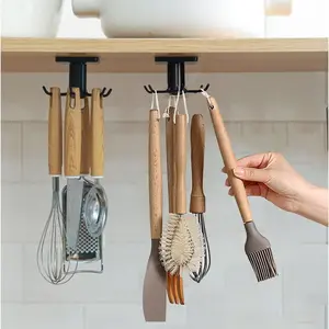 2Pcs 360° Rotating Drilling-Free Adhesive Under Cabinet Kitchen Utensil Hooks Hanging Rack for Tools Towel Knife (Black)