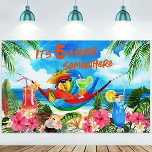 It's 5 O' Clock Somewhere Summer Backdrop Tropical Parrot Banner Beach Hawaii Decoration Polyester Background Nautical Cocktails Drinks Bar Party Supplies Holiday Photo Booth Prop(Tropical)
