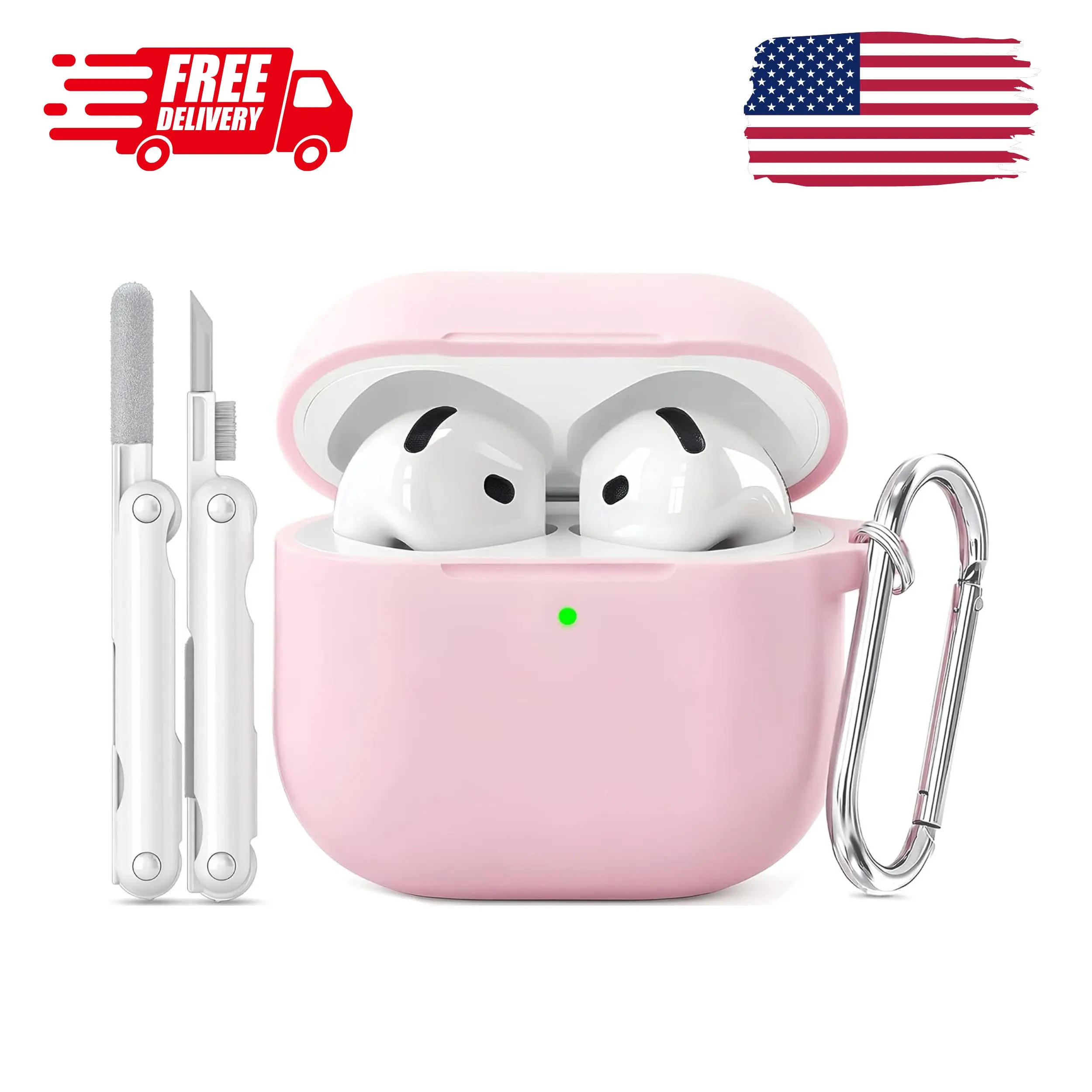 for AirPods 4 Case Pink with 3-in-1 Cleaner Kit & Keychain, Soft Silicone