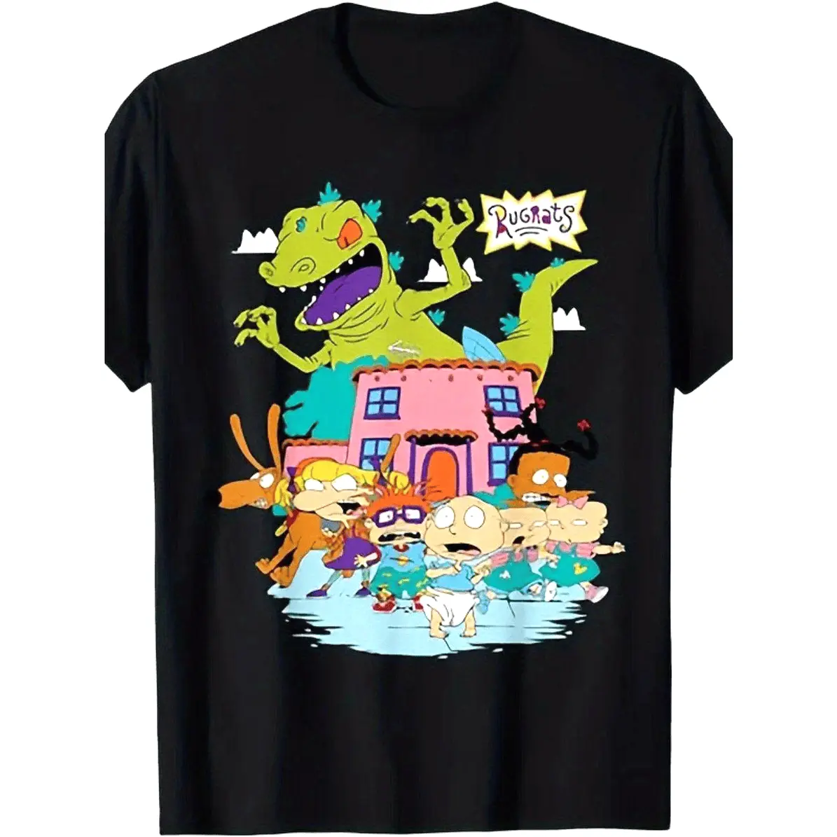 Women's Graphic Tee with Rugrats Theme Reptar Print, Casual Loose Fit Short Sleeve Crew Neck in Soft Cotton, Athletic, Short Sleeves, Round Neck, Reptar Graphic, Heat Printed, All Seasons, Fashion, Shortsleeve, T-Shirt, Essential, Top, Heat Transfer