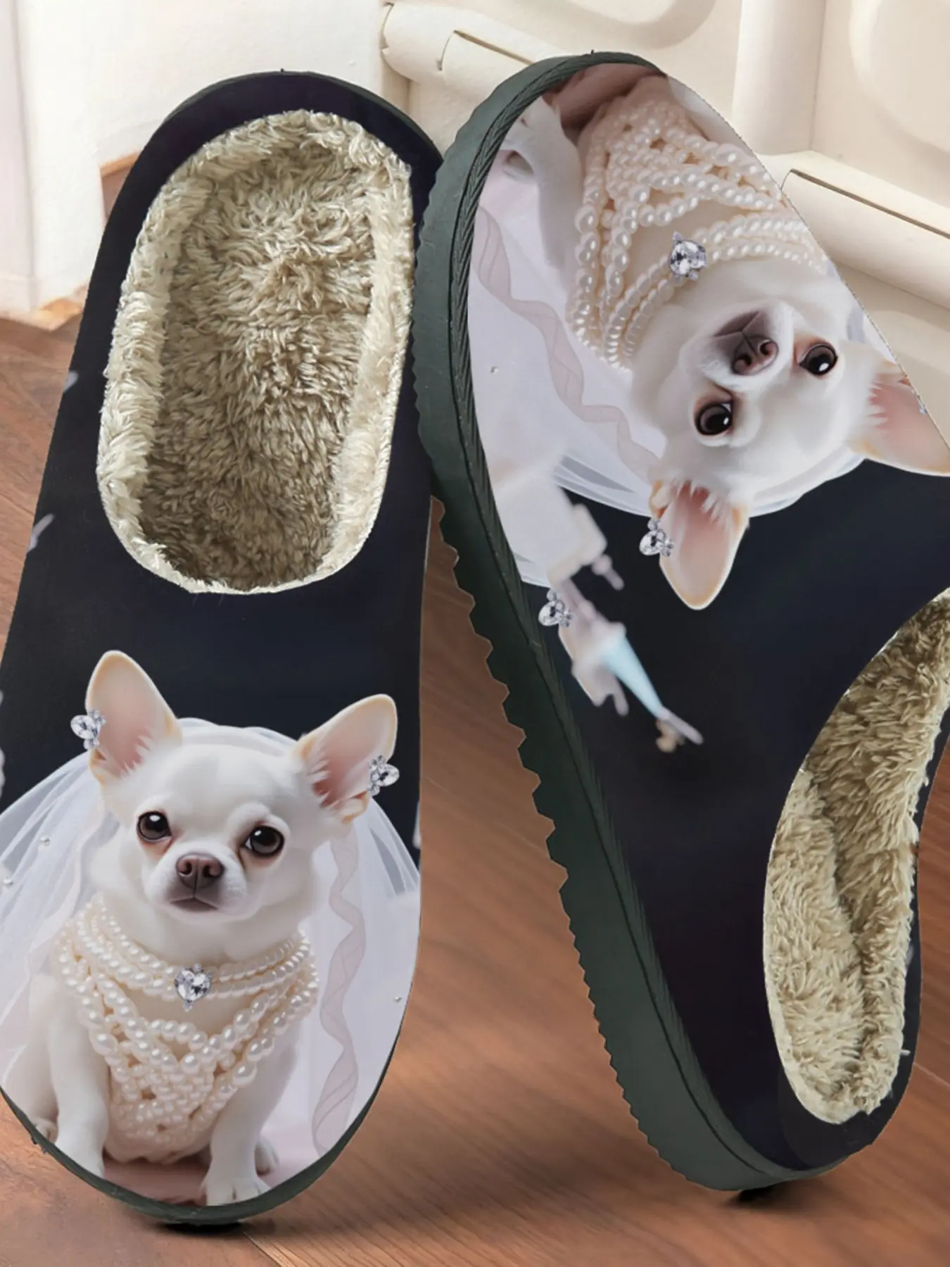 Cute Pomeranian Wedding Cotton Slippers, Plush Lined Anti-Slip Thick Sole, Warm Home Shoes for Men and Women, Fall Winter Casual Style