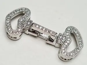 Cubic Zirconia CZ Micro Pave Diamond 1 to 3 Line Rhodium Sterling Silver Heart Clasp 14×31mm, Pearl Clasp, High End Jewelry Folding Clasp