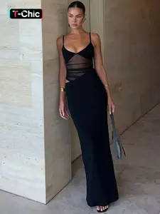 Women's Cut Out Sheer Mesh Cami Dress, Womenswear Sexy Chic Sleeveless Spaghetti Strap Dress for Party Club Dating Wear, Ladies Summer Clothes