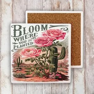 Avery Lane Gifts Bloom Where Planted Western Spiritual Stone Coaster, 4x4 in Absorbent White Square Shape Tableware with Cork Back for Home Decor