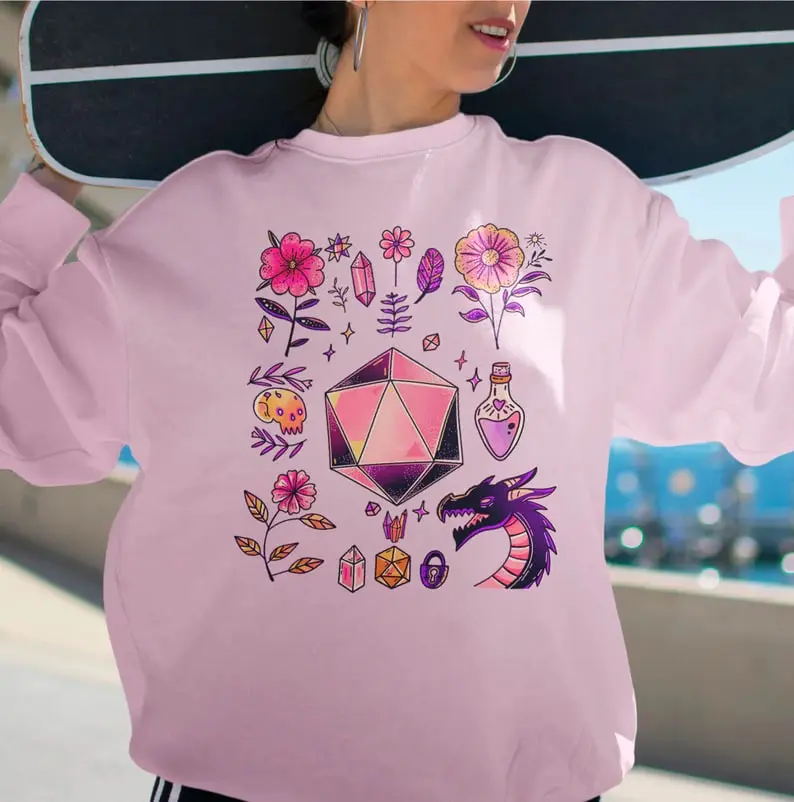 DND dice sweatshirt, DnD sweatshirt, dungeon master RPG apparel, tabletop nerdy TTRPG hoodie, Role playing girly woman Dnd pink sweater