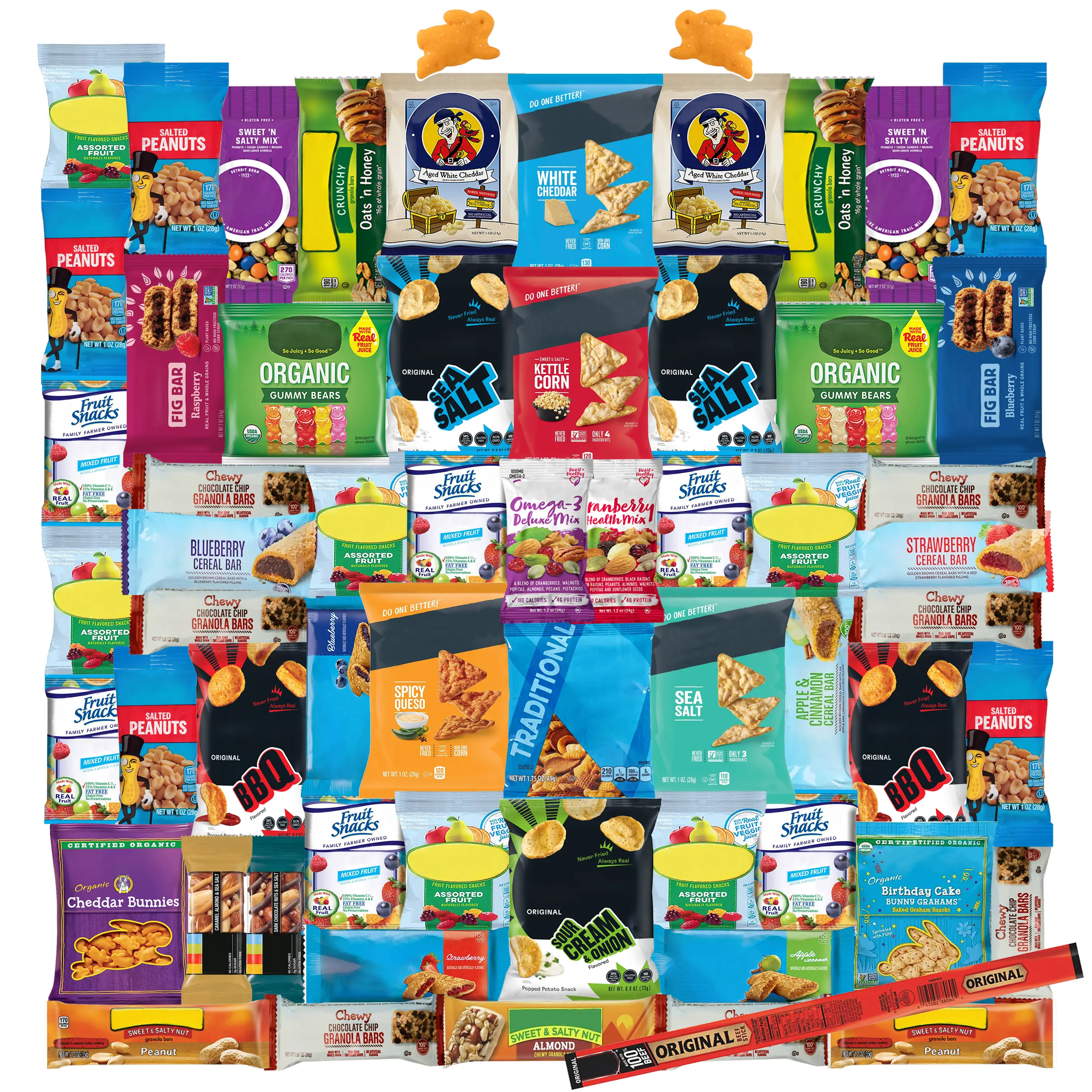 Foxy Fane 60-Count Better-for-You Snack Box – Fruit Snacks, Granola Bars, Nuts, Trail Mix, Chips & Puffs Care Package