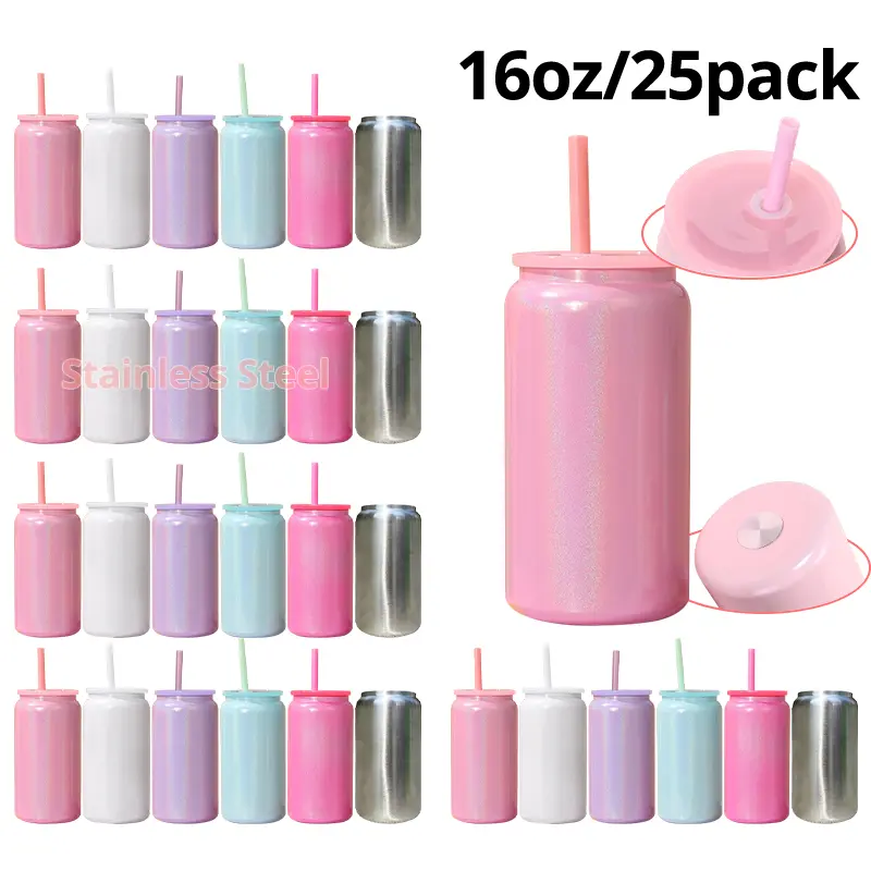 25pcs 16oz Sublimation Glitter Soda Cans Stainless Steel Tumbler, Portable Insulated Leak-Proof Water Bottles with PP Lids, Straws, Vacuum Flasks for Beverages, Festive Gifts