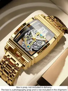 Barrel-Shaped Men's Quartz Watch, 5011 Stylish All-Season Alloy Wristwatch with Automatic Movement, Skeleton Watches, Trendy Golden and Silver Color Band