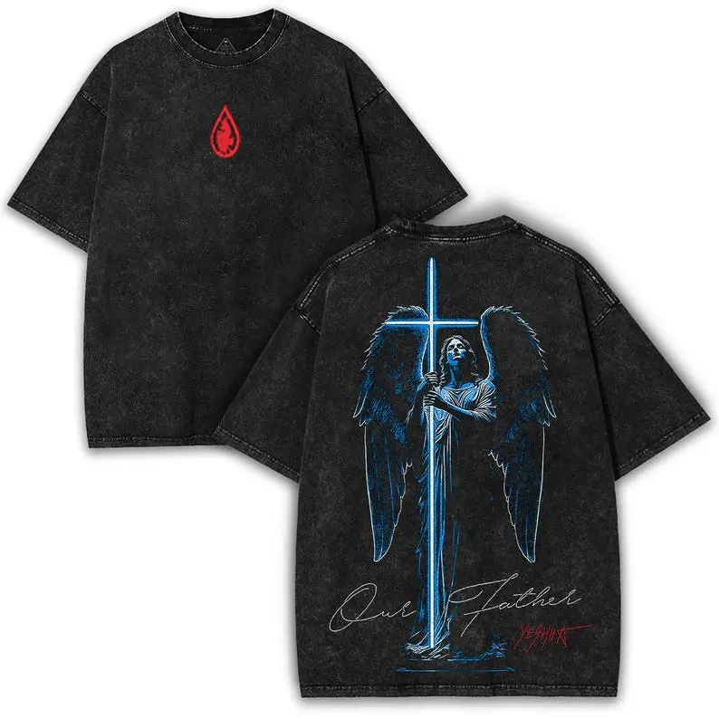 valentine shirts Angel of Faith Oversized Tee: Gothic Luminous Cross, Vintage Wash
