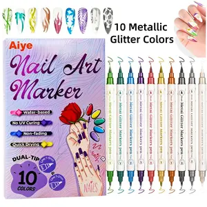 Nectarbellis 10 Color Acrylic Paint Markers with Dual Tip, Metallic Glitter Water Based Quick Drying Nail Art Pens for DIY Manicure, Easy 3D Design Marker Pen Painting Tool for Home Salon Photo Albums Card, Gift for Beginners Women, Nail Dotting Supplies