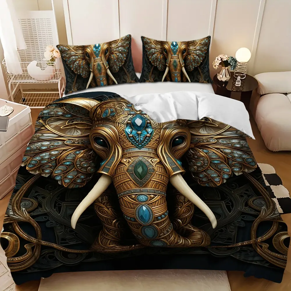 Bedding 3-piece set - 3PCS,Gold and Blue Diamond-Studded Elephant Design Down Comforter Set (1 comforter cover + 2 pillowcases, filling not included) -soft and comfortable, suitable for family bedrooms.