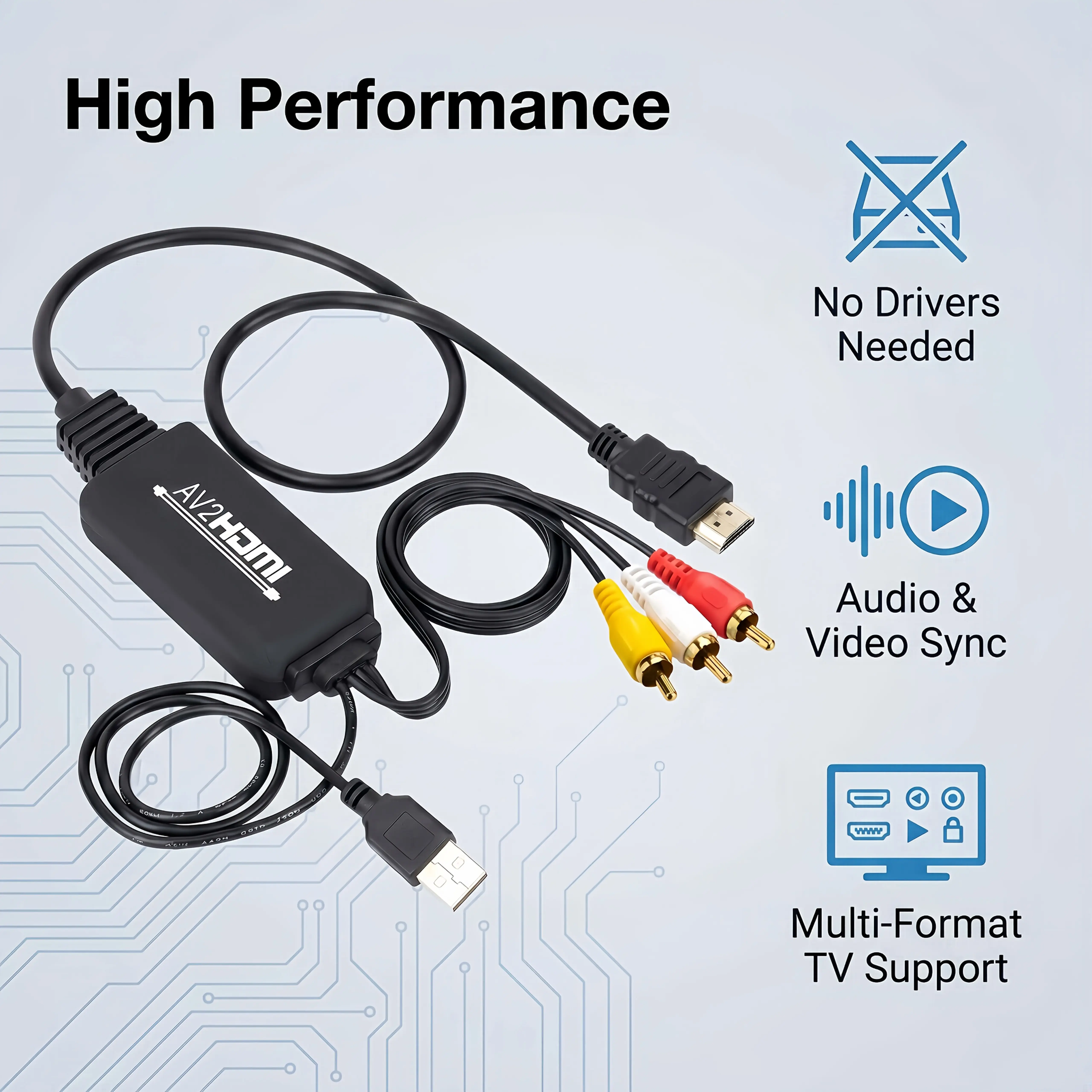 RCA/AV to HDMI Converter Cable with USB Plug, Multi-Format Composite CVBS Video Audio Adapter Supporting 1080P/720P for HD TV, Projector, Gaming Consoles & Media Players