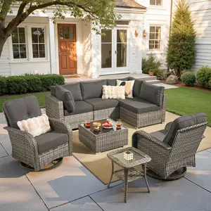 Ovios Patio Furniture Set 8-Piece with Rocking Swivel Chairs, Outdoor Wicker Rattan Sectional Sofa Set with Cushions & Tempered Glass Coffee Table, All-Weather Conversation Set for Backyard Garden