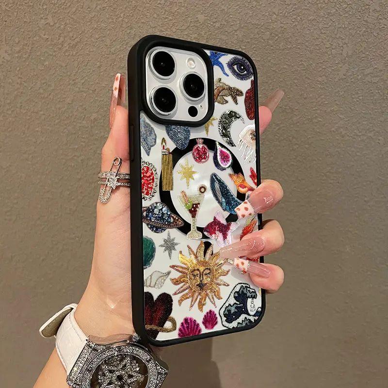 Magnetic MagSafe-Ready TPU Smartphone Case for iPhone11/12/13/14/15/16/17 Pro Max, Cellphone Cover with Aesthetic Colorful Beads Icons Collage, Ultra-Thin Shockproof Resistance, Cute Pick for Girls