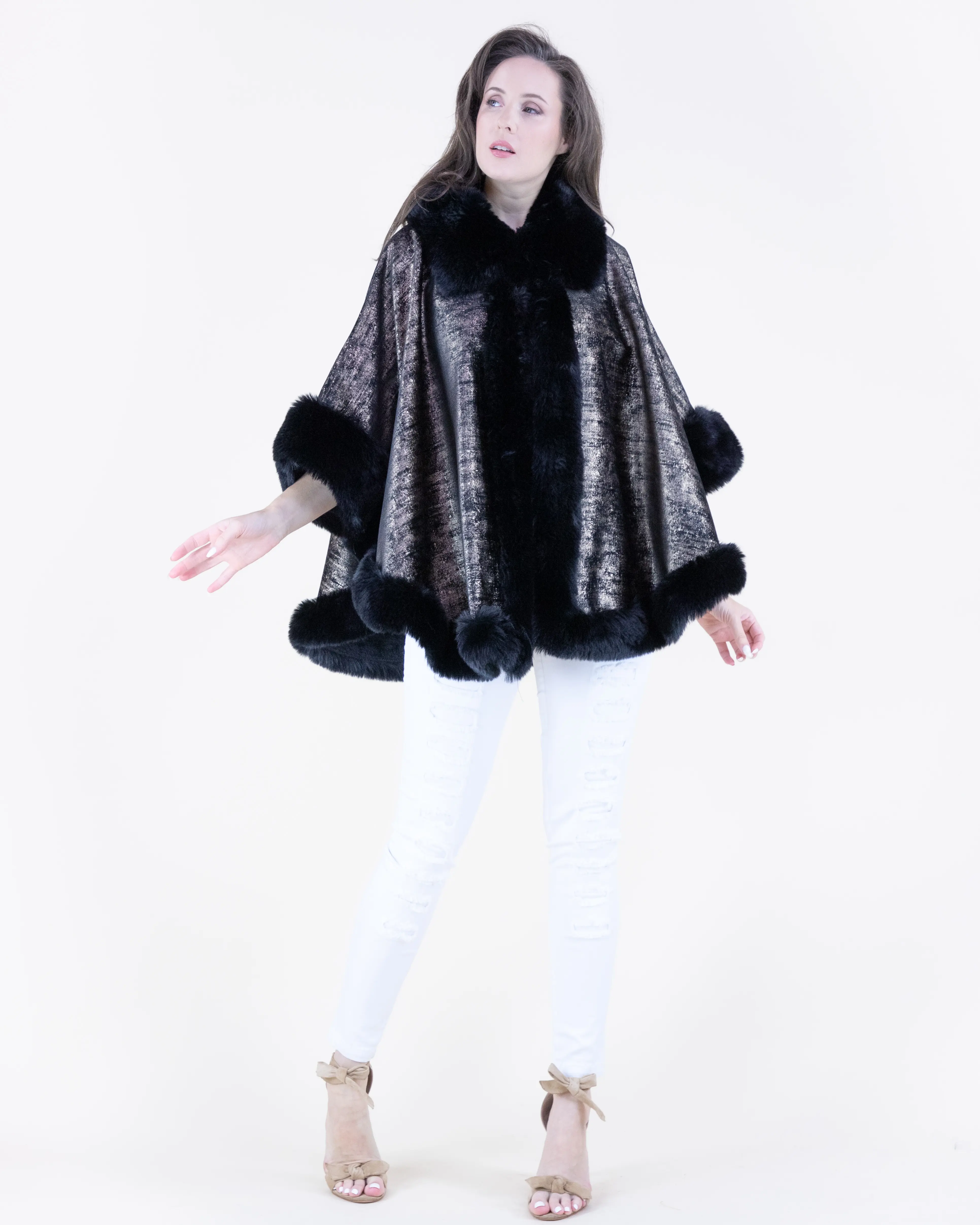 Original USA Women's Cape with Metallic Vegan Fur Trim, Outerwear, Tops, Coats