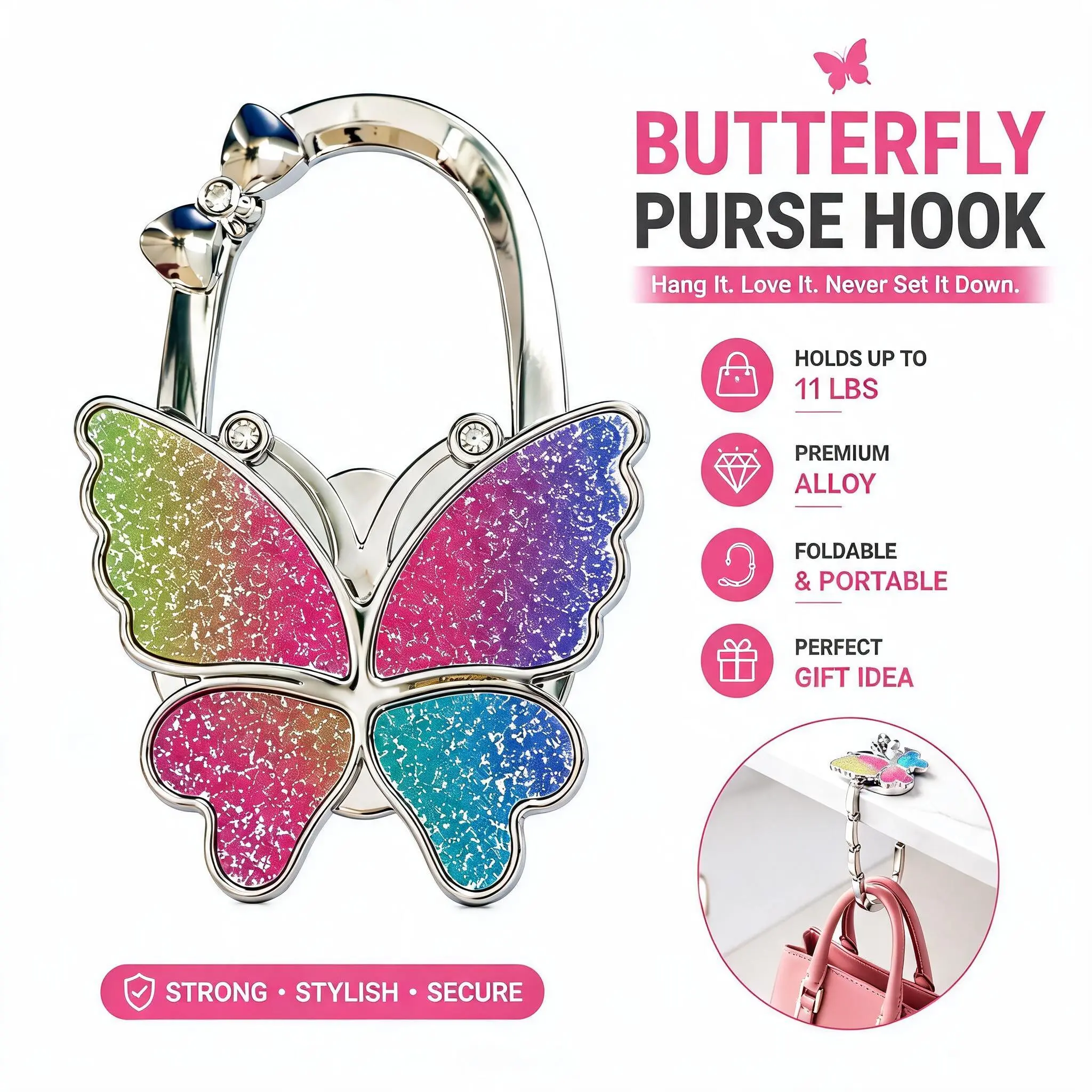 Butterfly Foldable Handbag Hanger - Portable Purse Hook Holder for Table, Cute Folding Bag Holder Stand, Space Saving Purse Accessory for Women