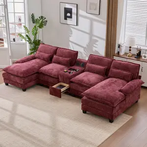 126" Modular Sectional Sofa with Storage Console, Cloud Couch Chenille U-Shaped Couch, Cup Holders & Wireless Charger, Memory Foam, Double Chaise for Living Room Office, tiktokshopspringglowup