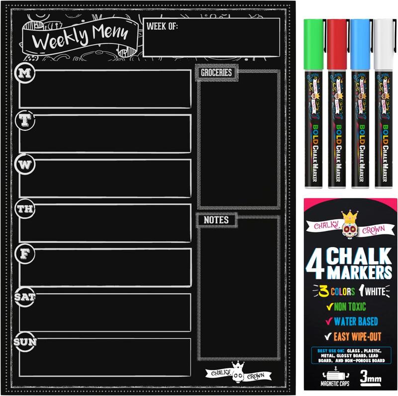 Magnetic Dry Erase Menu Board for Fridge – Weekly Meal Planner Chalkboard with 4 Liquid Chalk Markers, Grocery List & Notepad for Kitchen Refrigerator