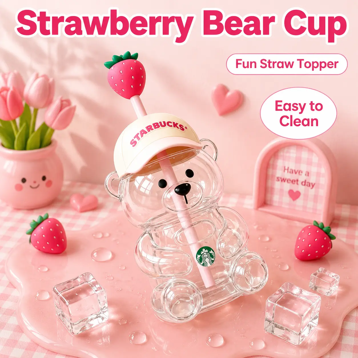 Strawberry Bear Shaped Glass Cups, Romantic Pink & Green Teddy Bear Glass Mug with Airtight Cap, Decorative Drinking Jar for Valentine’s Party Decor, Engagement, Anniversary Gift, Creative Cocktail & Soda Glassware