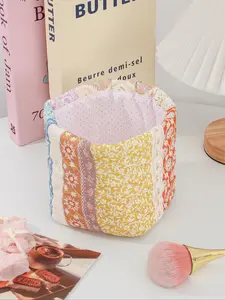 Cute Round Cosmetic Organizer Basket, Quilted Cherry Pattern Desk Bag, Floral & Grid Patterns, Makeup Brush Holder, Home Decor Accessory, Storage Basket