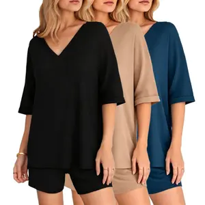 2 Piece Sets for Women Summer 2026 Lounge Short SetSpring Matching Biker Shorts V Neck Oversized Shirt Clothing