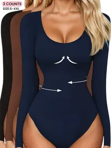 Women's Ribbed Abdominal Control Butt Lifting Bodysuit, Underwear, Fall & Winter Fitted Long Sleeve Round Neck, Seamless Comfortable Fabric