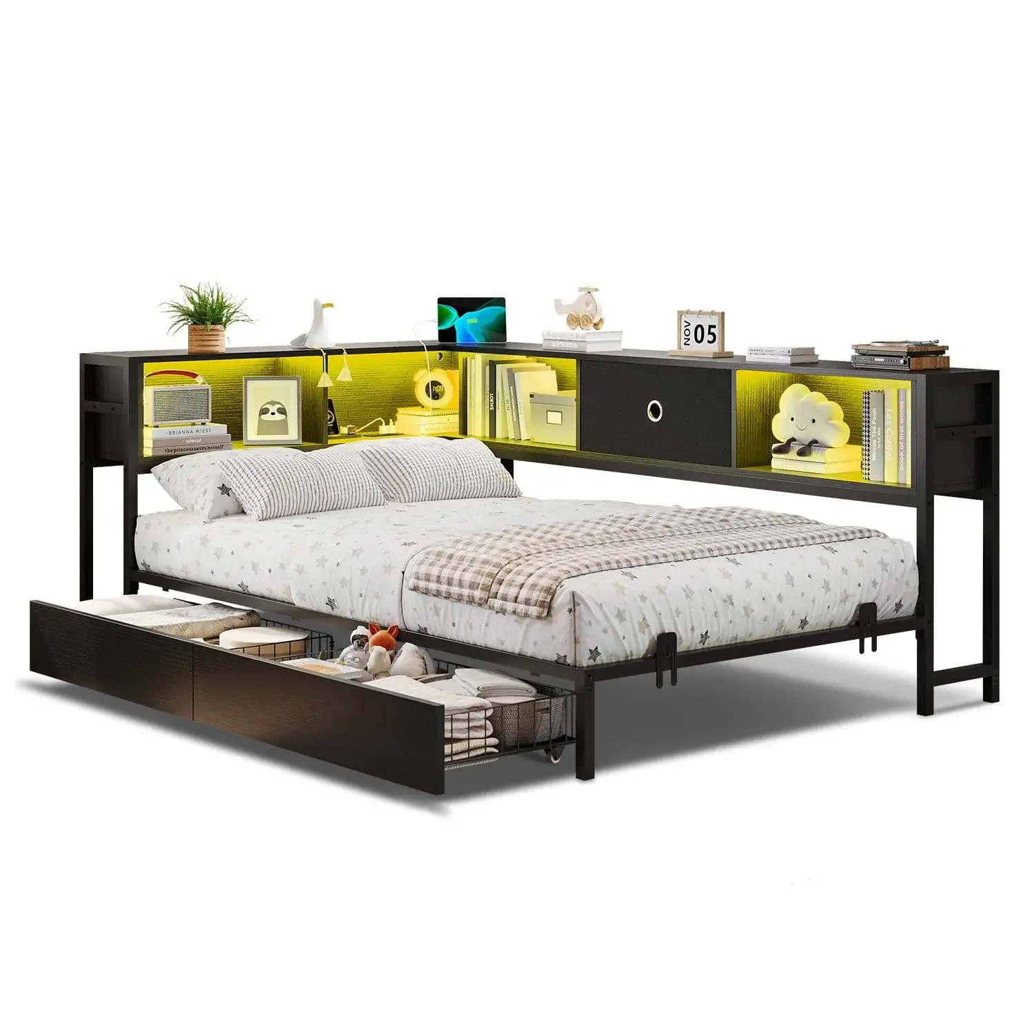 SIKAIC Multifunctional Twin XL Modern LED Daybed - Upgraded Smart Design, Built-in Lights, Storage Drawers, Bookcase Headboard, Black LED-Accented Bed Frame, Led-Accented Bed Frames