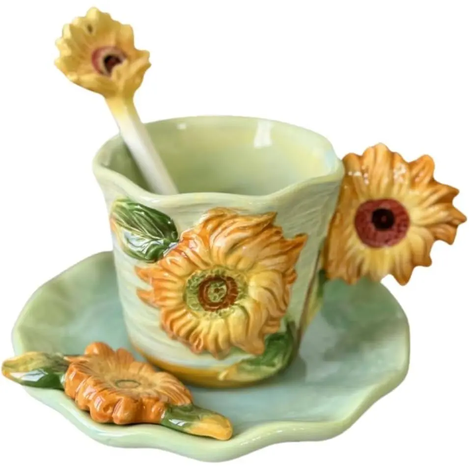 Ceramic Van Gogh Coffee Mug and Saucer set with Spoon,3D Handmade and Hand-painted Tea Mug, 6OZ-Sunflower