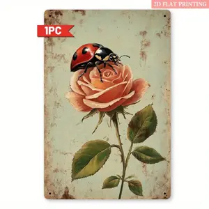 Vintage Ladybug & Rose Metal Sign, Decorative Plaque, 8x12"