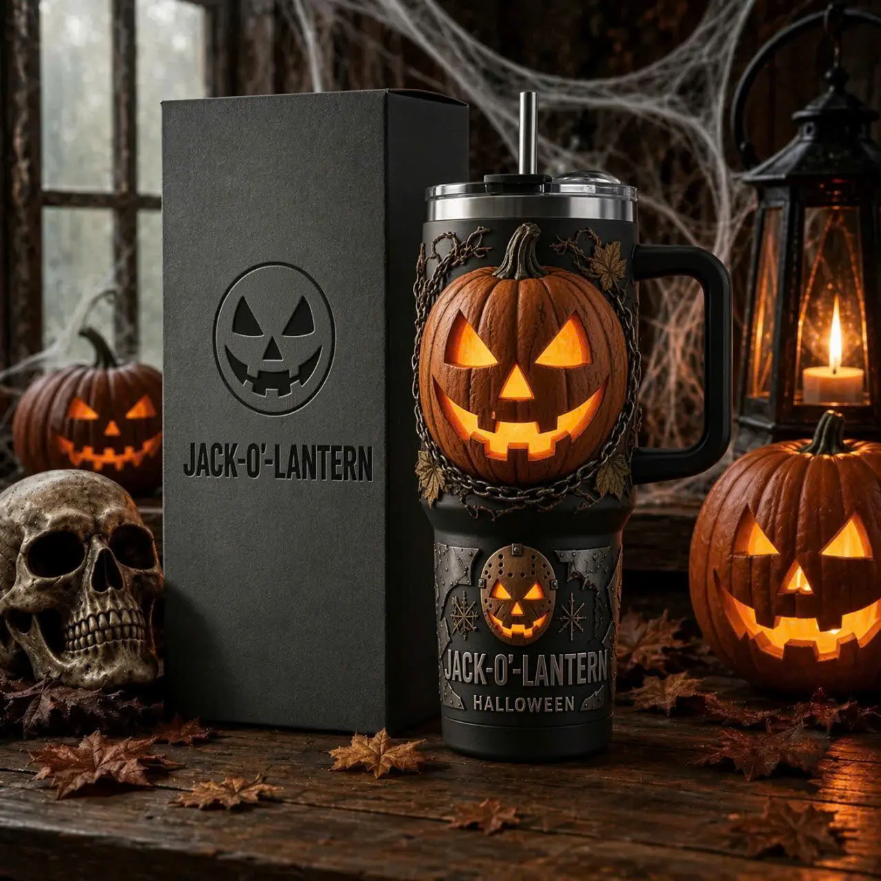 Jack-O’-Lantern Halloween 40oz Stainless Steel Tumbler with Handle & Straw, Double Wall Insulated Pumpkin Travel Mug, Spooky Halloween Cup, Pumpkin Lover Gift