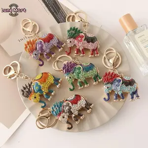 Lune Bohemian Style Rhinestone Elephant Keychain Enamel Inlaid Lucky Elephant Bag Charm Gold Tone Key Ring for Women Multiple Colors Available, Animal-Inspired Keychains, Bag Charm Keychains