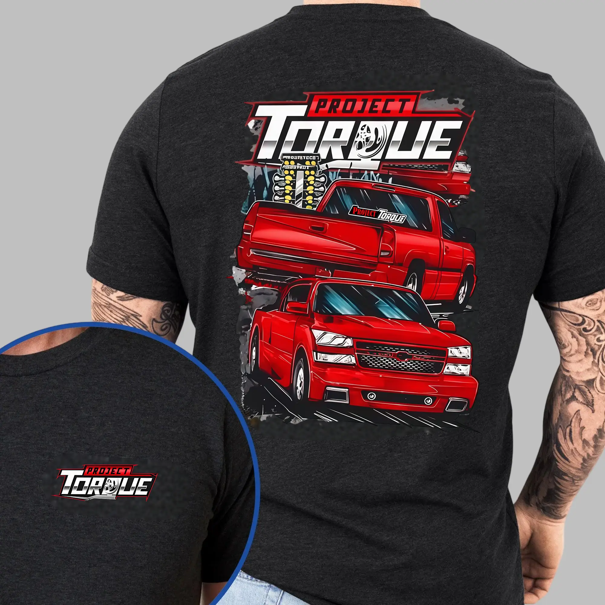 [Graphic T-Shirt] 100% Cotton - Project Torque Muscle Truck Graphic Tee, Red Custom Pickup Racing Style Shirt, Vintage Automotive Streetwear for Car Enthusiasts ,printed shrits,T-Shirt for men
