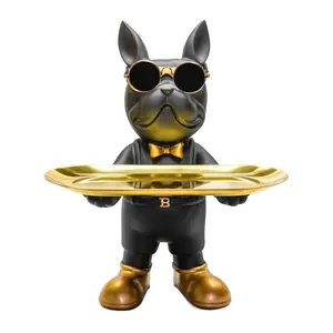 Modern Luxury French Bulldog Figurine – Butler Tray Decor with Gold Sunglasses, Bow Tie & Dual Trays – Perfect Gift for Home & Office