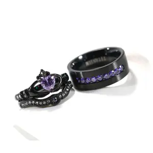 Lvrong 2 Rings His And Hers Couple Rings 1CT Heart Purple Cz Rings Claddagh Ring Womens Wedding Ring Sets Titanium Steel Mens Wedding Bands