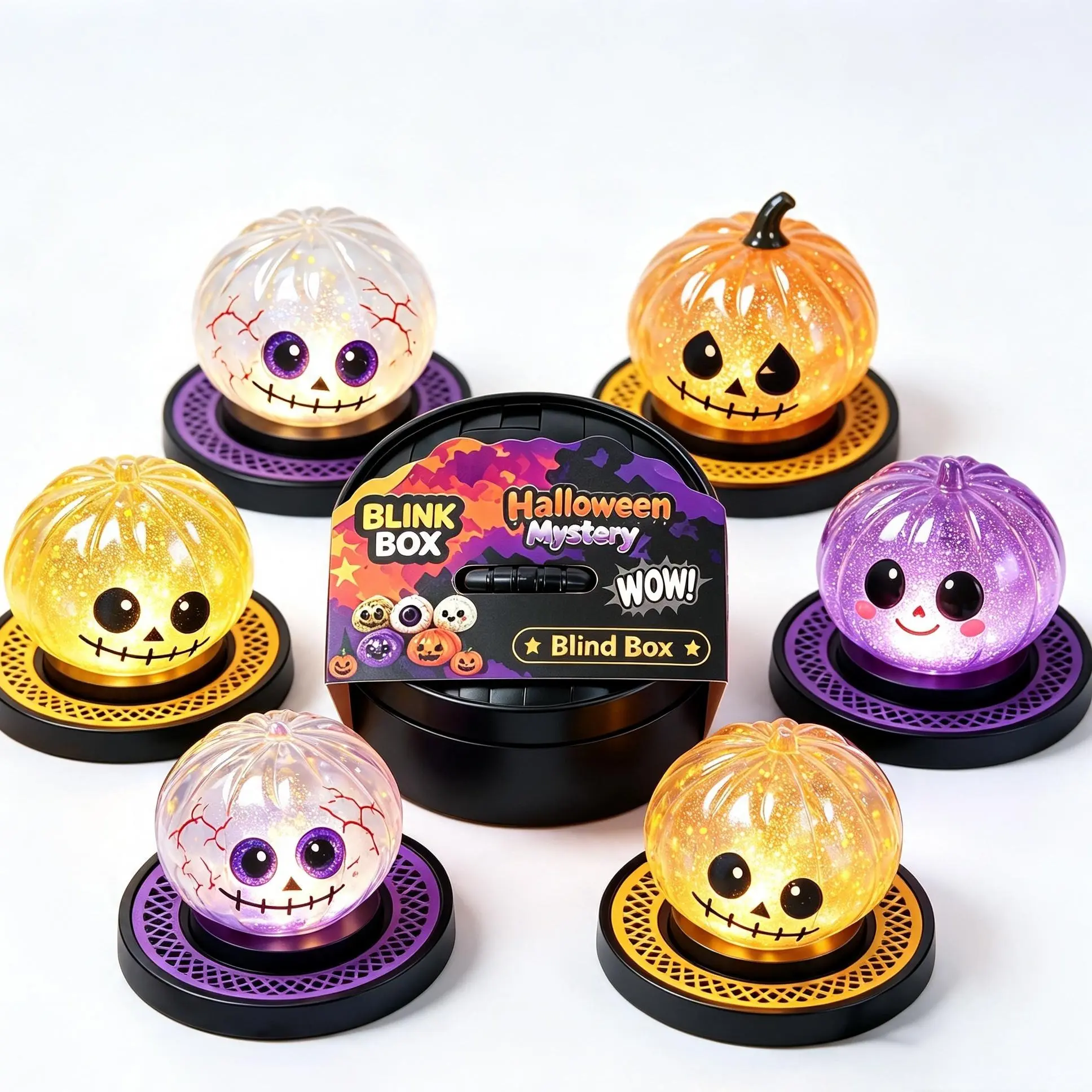 J9 Halloween Blink Box Light Up Glitter Pumpkin Blind Box, Transparent Sparkle Pumpkin Lamp With Base, Cute Halloween Mystery Surprise Toy, Halloween Party Decor Gift For Kids