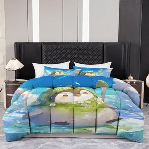 3pcs Printed quilt three-piece set (1 quiltr+2 pillowcases) - Cute Penguin Daisy Floral Quilt Set, Cartoon Animal Microfiber Comforter, Soft Cozy All Season Bedding, Aesthetic Bedroom Decor