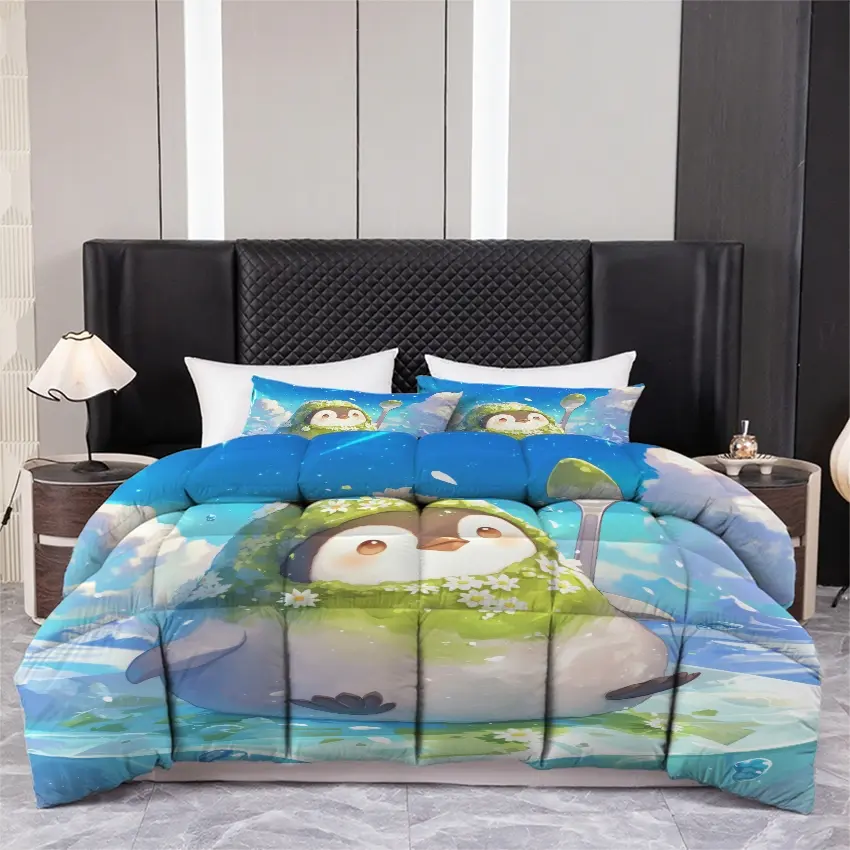 3pcs Printed quilt three-piece set (1 quiltr+2 pillowcases) - Cute Penguin Daisy Floral Quilt Set, Cartoon Animal Microfiber Comforter, Soft Cozy All Season Bedding, Aesthetic Bedroom Decor