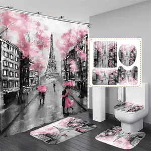 4Pcs Paris Eiffel Tower Pink Shower Curtain Sets Bathroom Set Decor with Non-Slip Rugs Bath U-Shaped Mat Toilet Lid Cover Waterproof Valentine Bathroom Curtains Shower Set with 12 Hooks