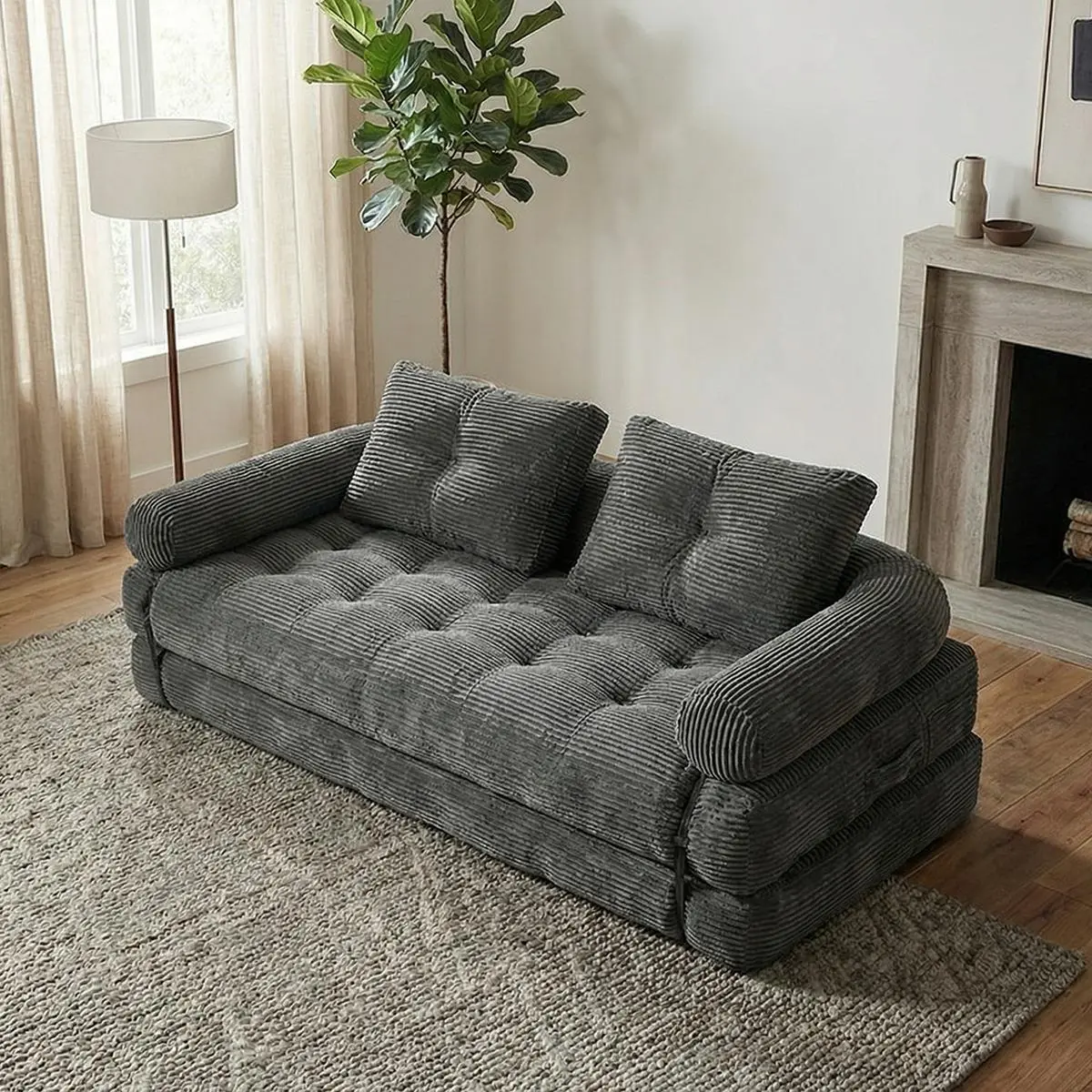 62''Corduroy Combination Sofa Bed - Convertible Futon Upholstered Sofa, Space-Saving Compressed Design Living Room Couch, Deep-Sitting Comfort, Included Backrest Pillow, Practical Loveseat Furniture