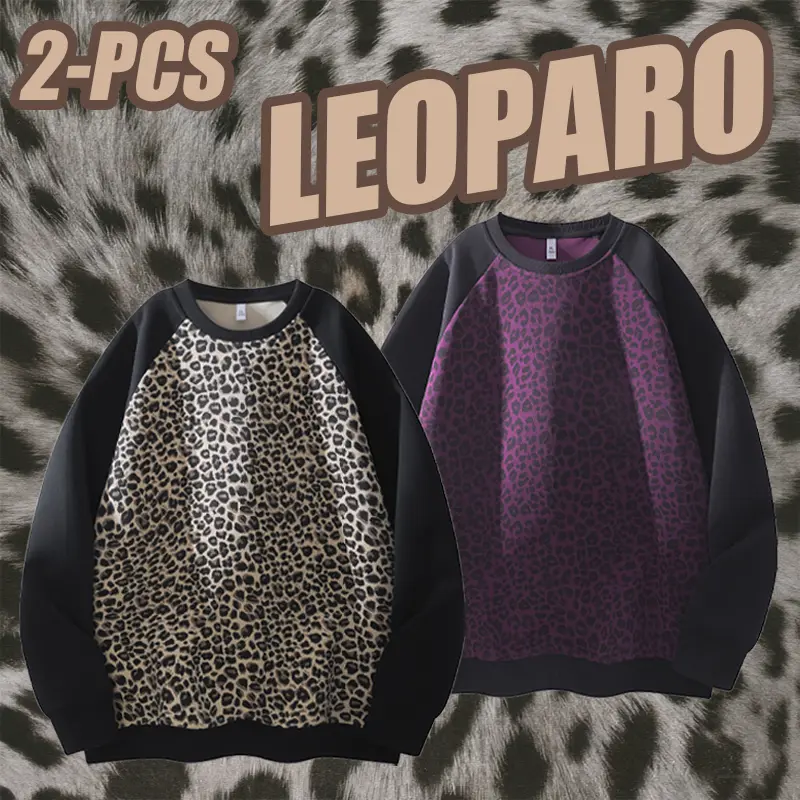 Women’s 2-pack autumn/winter leopard-print drop-shoulder crewneck sweatshirt, retro color-blocked black design with a loose fit pullover long-sleeve top, sporty casual street-style oversized sweatshirt