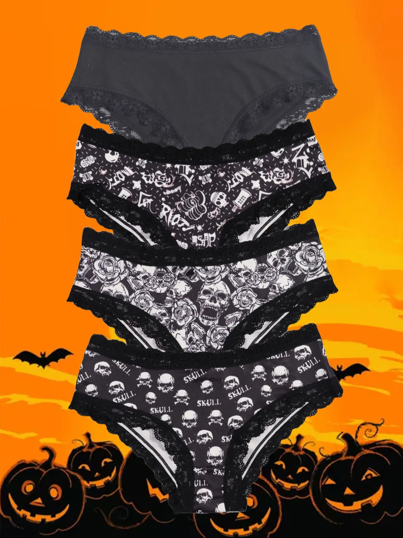 Morvia 4pcs Sexy Cute Gothic Halloween Contrast Lace Hipster Panties, Allover Print Comfy Intimates Briefs Panties, Women's Fashion Breathable Underwear & Lingerie, Breathable Panty