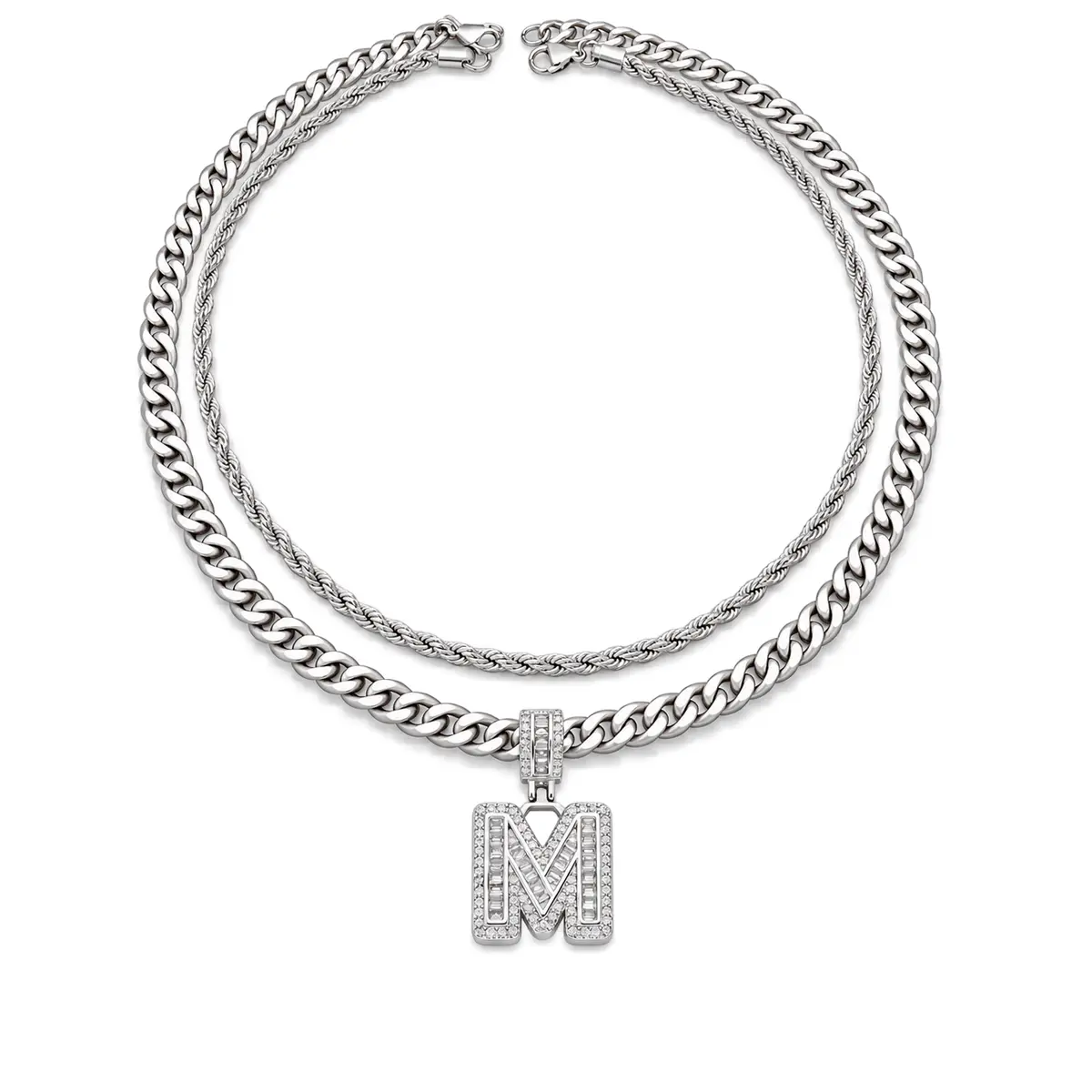 Silver Two-Piece Chain Necklace, Fully CZ Iced Out 26 Initial Letter Pendants, Fashionable Rap Style Neck Jewelry for Men and Women