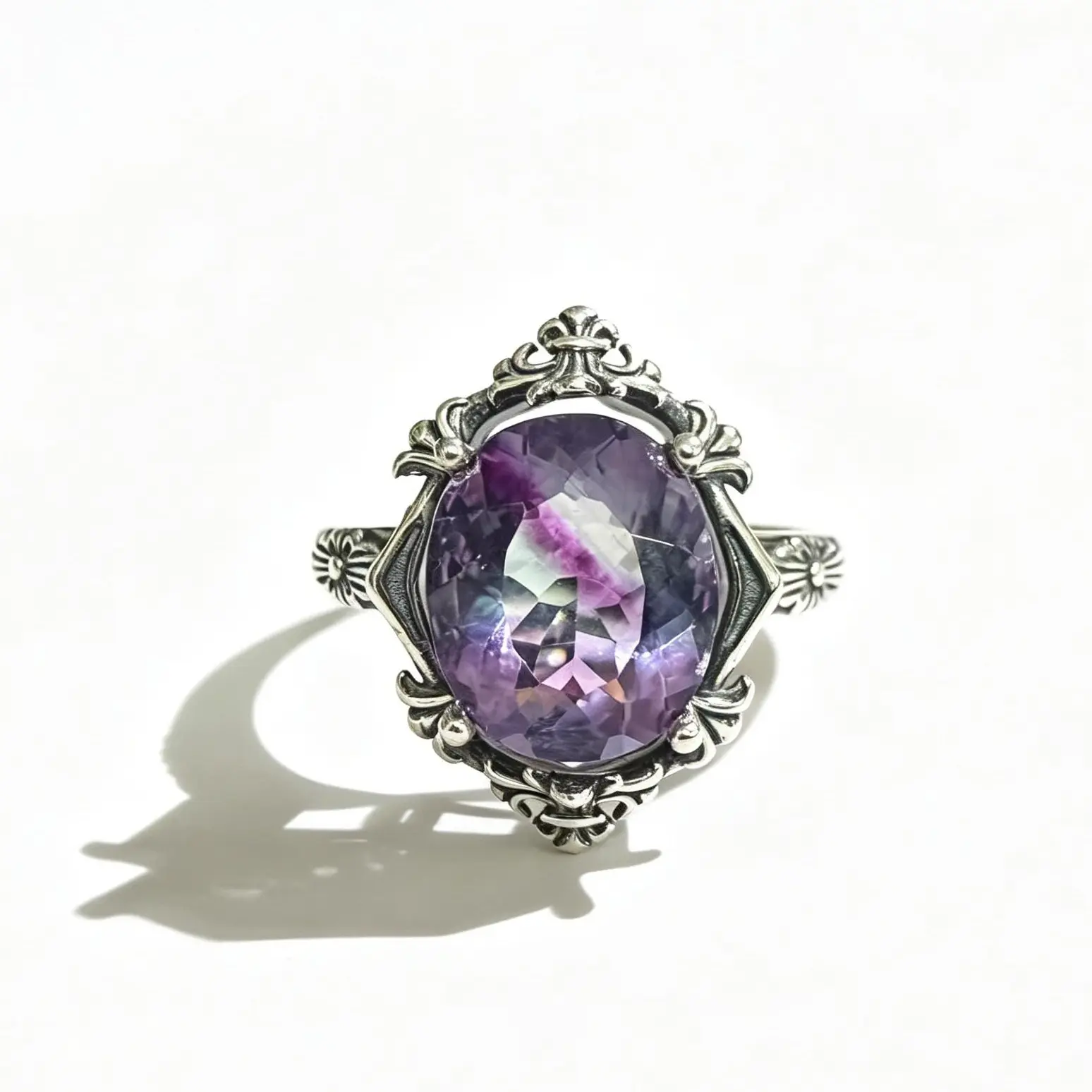 925 Sterling Silver Adjustable Natural Rainbow Fluorite Ring (11.8×9.8mm) - Gothic Statement Ring, Unisex Adults' Jewelry for Birthday, Anniversary, Valentine’s Day, Vintage