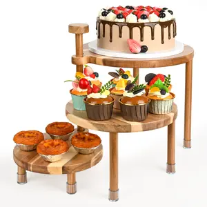 GEHE 3 Tier Round Cupcake Stand, 360° Rotatable Acacia Wood Cake Stand Cupcake Tower, Rustic Wooden Tiered Dessert Table Display Set, Tiered Tray Stands for Birthday, Wedding Party