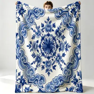 National Trend Blue & White Porcelain Pattern Blanket, Soft Warm Nap Throw Blanket, Office Air Conditioner Cover, All-Season Retro Elegant Home Decor, Perfect Unique Gift Choice