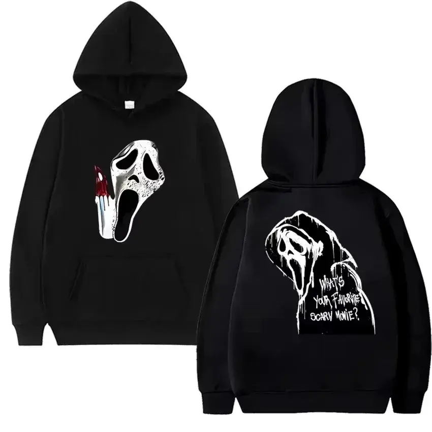 2026 New Gothic Double-sided Printed Casual Pullover Hoodie, Menswear Tops, Unisex Ghost Face Graphic Long Sleeve Halloween Streetwear Sweatshirt