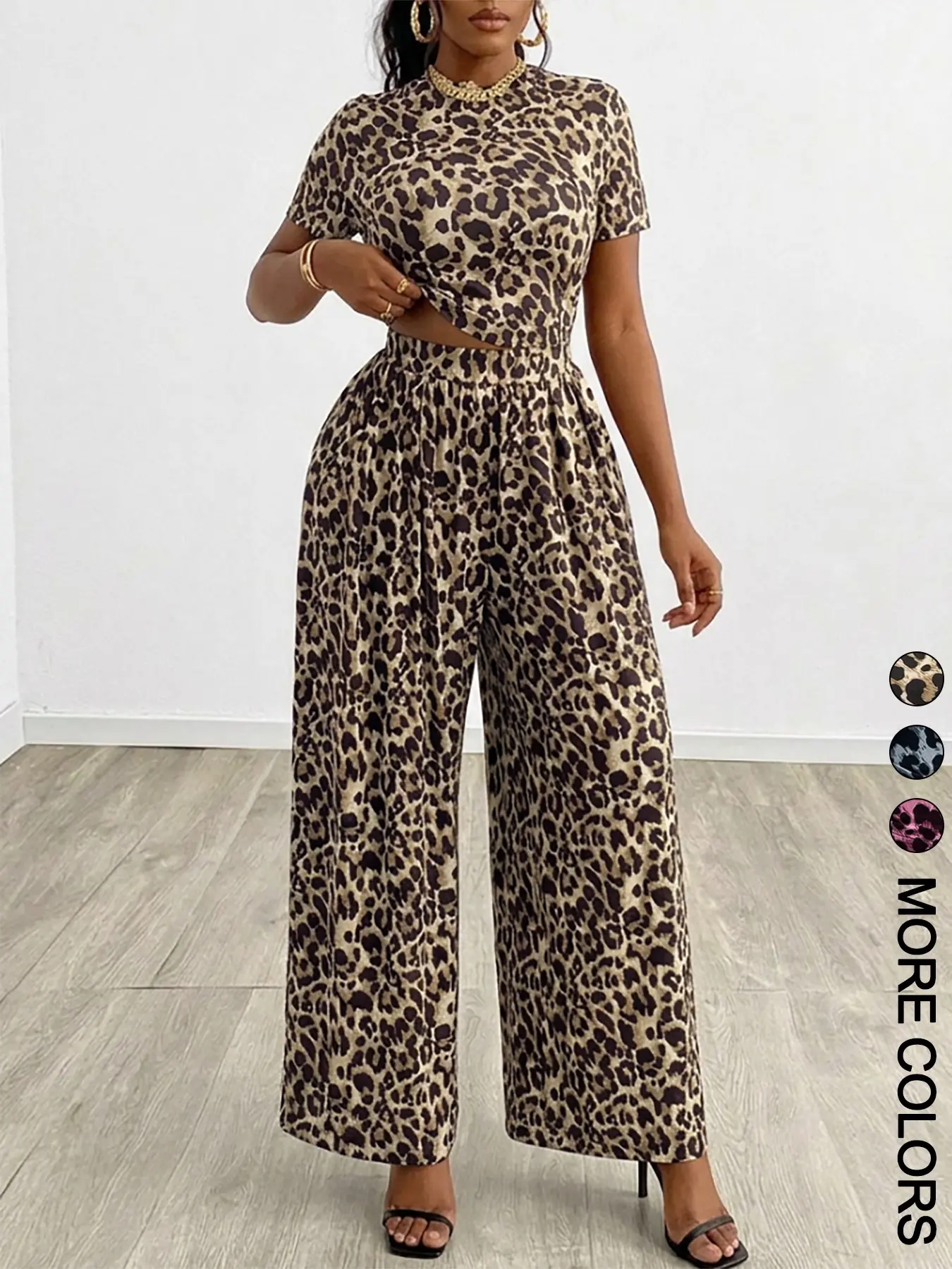 2 Piece Classic Leopard Print Fitted Round Neck Short Sleeve Top & High Waist Wide Leg Pants, Versatile Casual Outfit, Fashion Pants Set, Animal Print Set, Clothes Womenswear