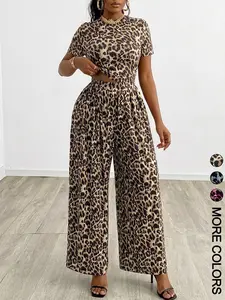 2 Piece Classic Leopard Print Fitted Short Sleeve Top & High Waist Wide Leg Pants, Versatile Casual Outfit
