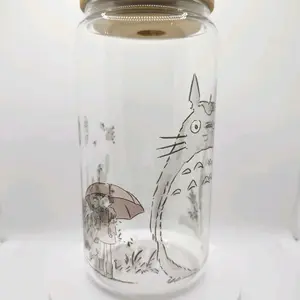 Totoro Inspired Tumbler - Clear Glass with Illustrated Design, Ideal for Beverages and Drinkware - Bottle